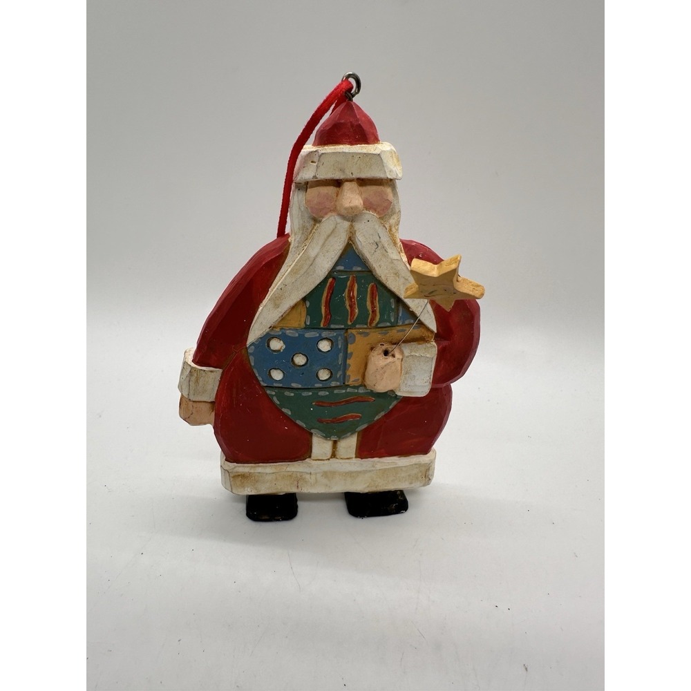 Hand Carved Wooden Santa Ornament Folk Art Star Wand Primitive 5.5"